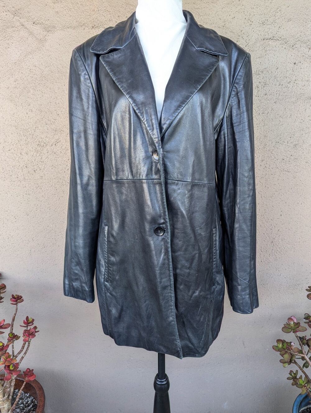 💜Vintage 90s Nine West Black Leather Car Coat
